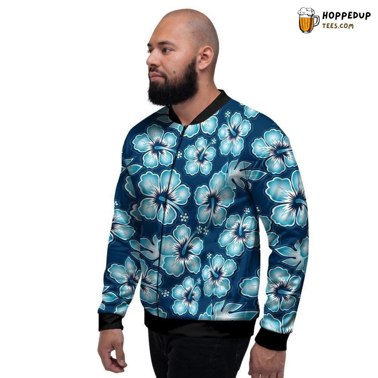 Blue Hibiscus Hawaiian Vibrant Print Men’s Bomber Jacket Tropical Island Vibes
