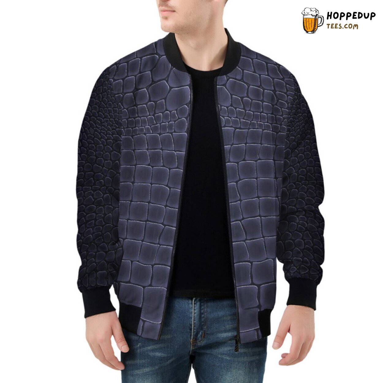 Blue Hued Alligator Skin Pattern Artfully Presented Bomber Jacket