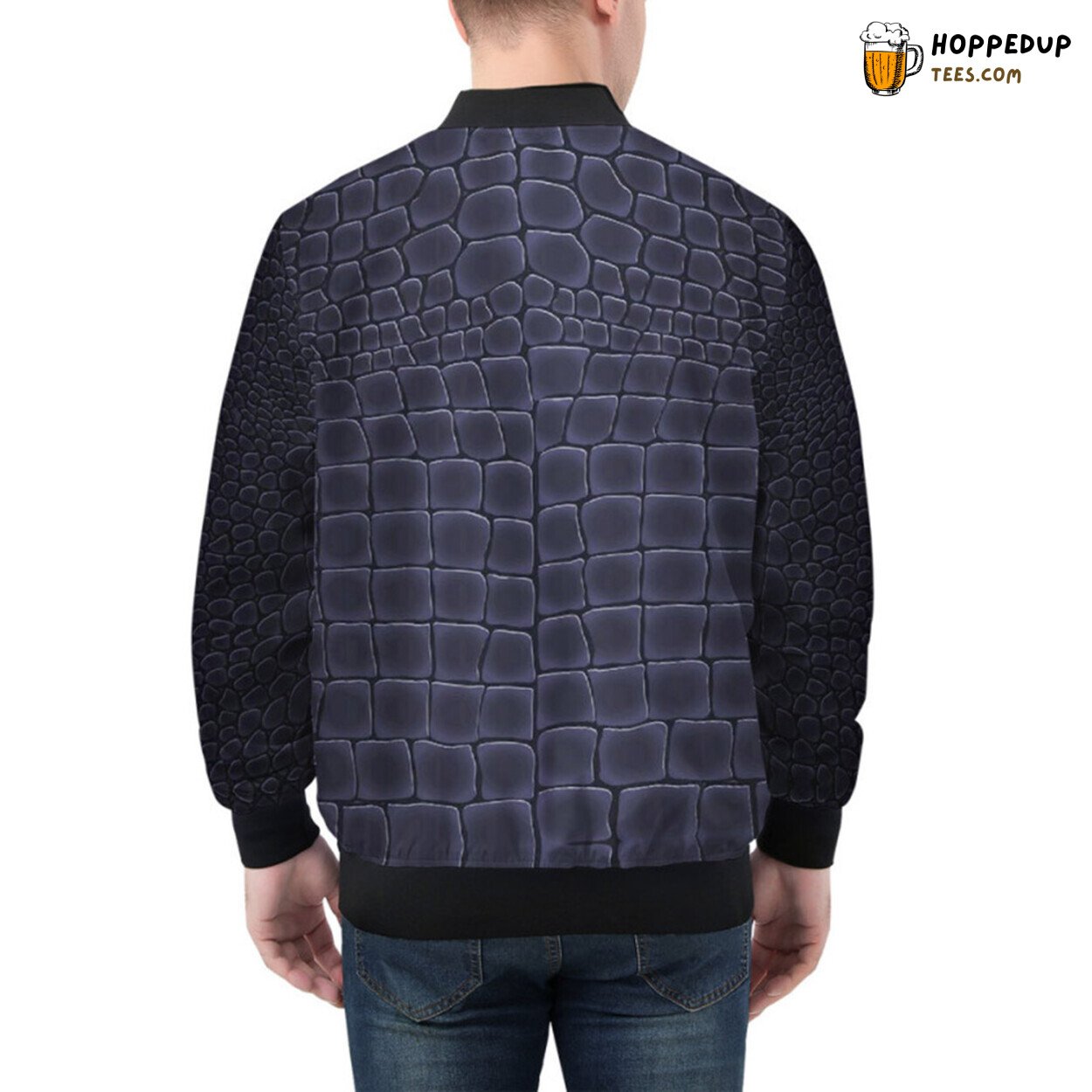 Blue Hued Alligator Skin Pattern Artfully Presented Bomber Jacket
