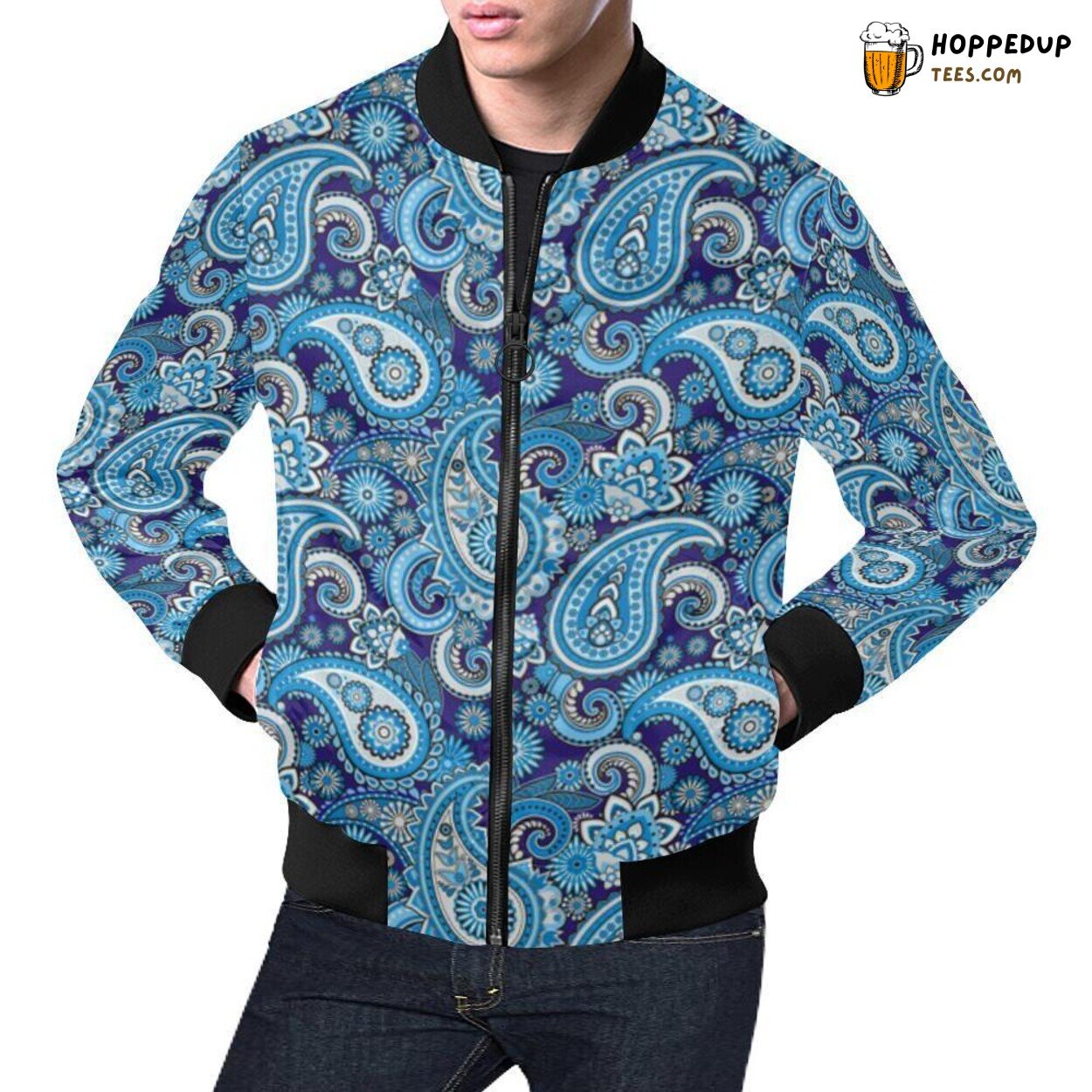 Blue Inspired Paisley Design Men’s Bomber Jacket Swirling Pattern Fashion Wear