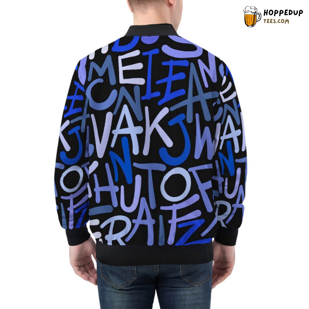 Blue Letters Hand Drawn Artistry on an Elegant Bomber Jacket