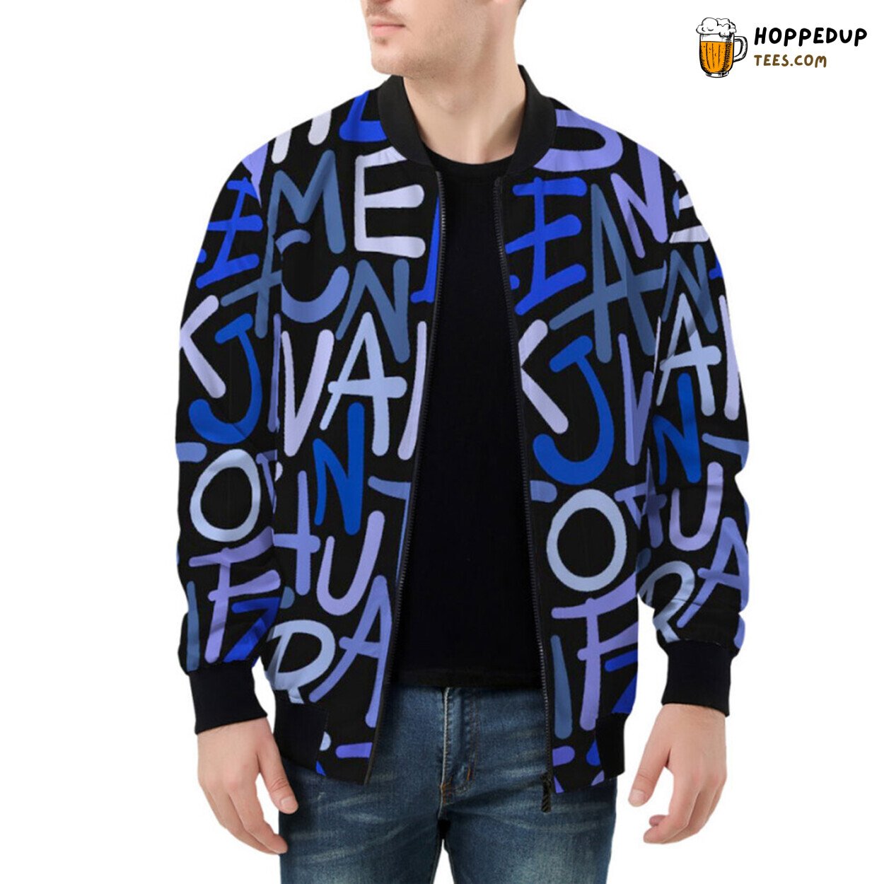 Blue Letters Hand Drawn Artistry on an Elegant Bomber Jacket