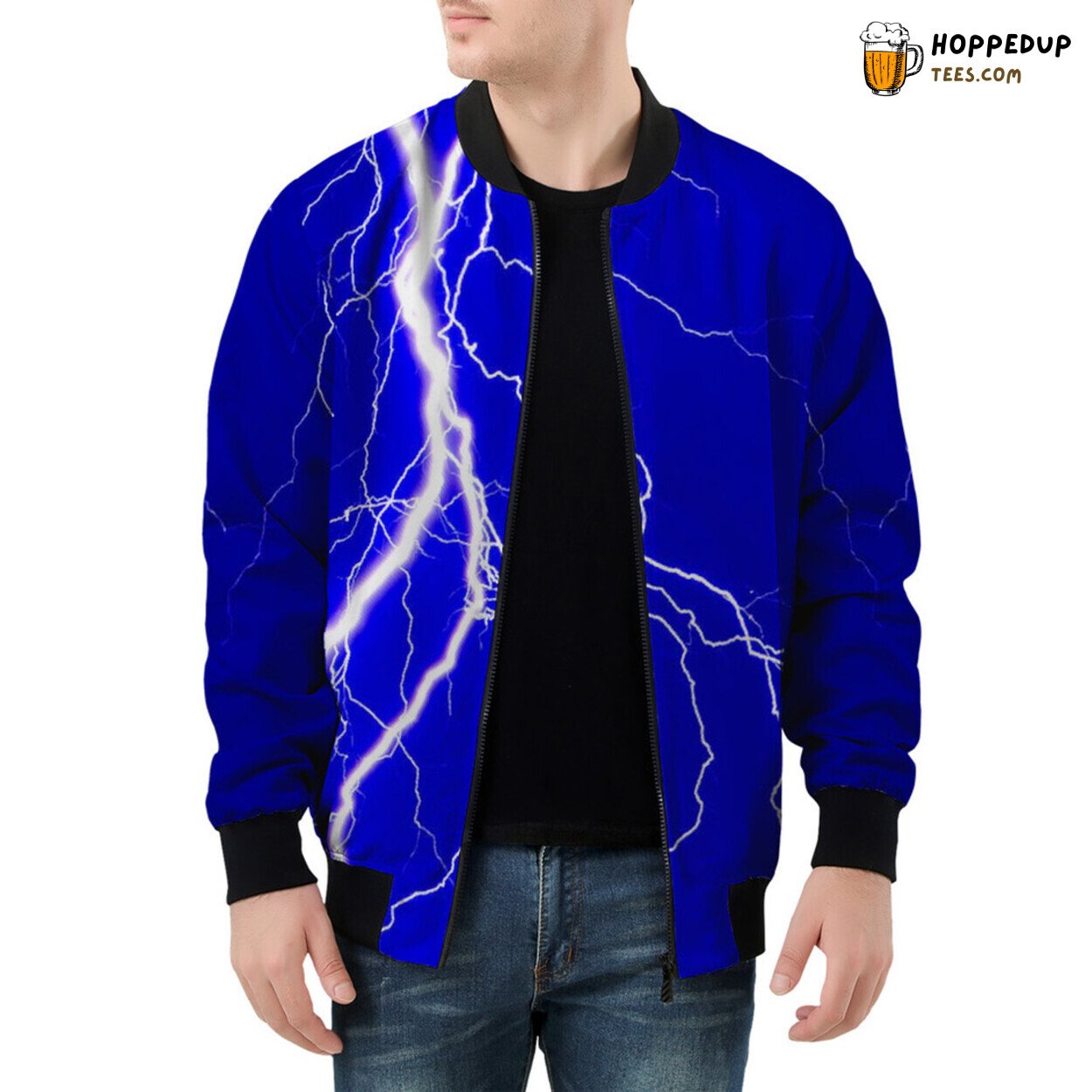 Blue Lightning Strikes Craft Men’s Electric Bomber Jacket Design