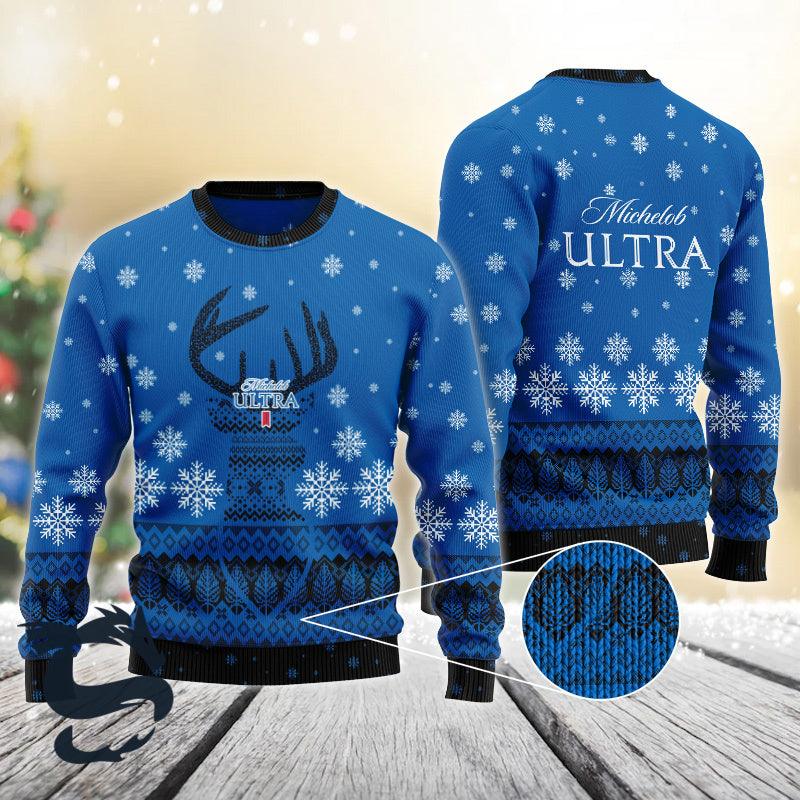Blue Michelob Ultra Reindeer Snowy Christmas Sweater HU