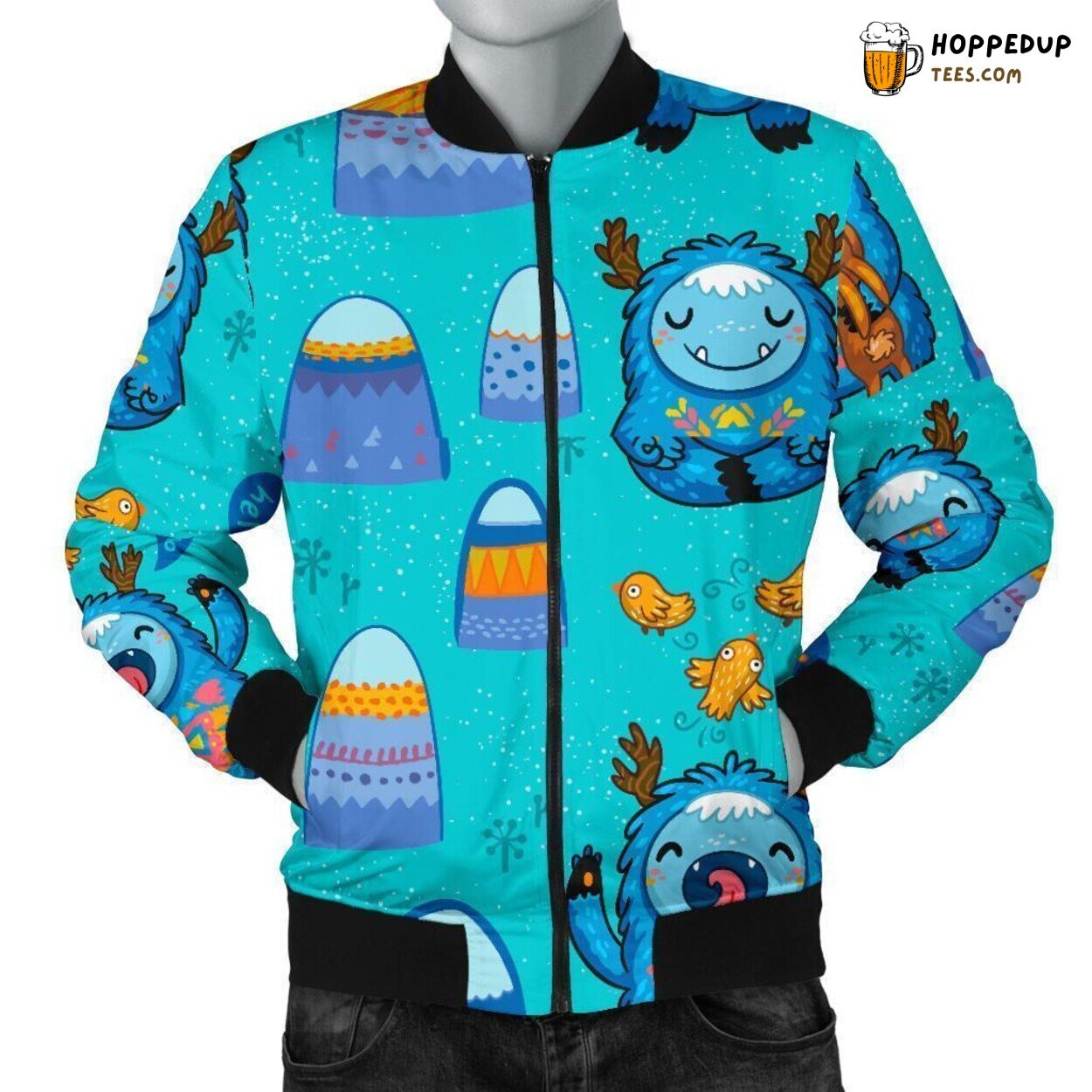 Blue Mystique of Bigfoot Men’s Bomber Jacket Unique Pattern Design Display