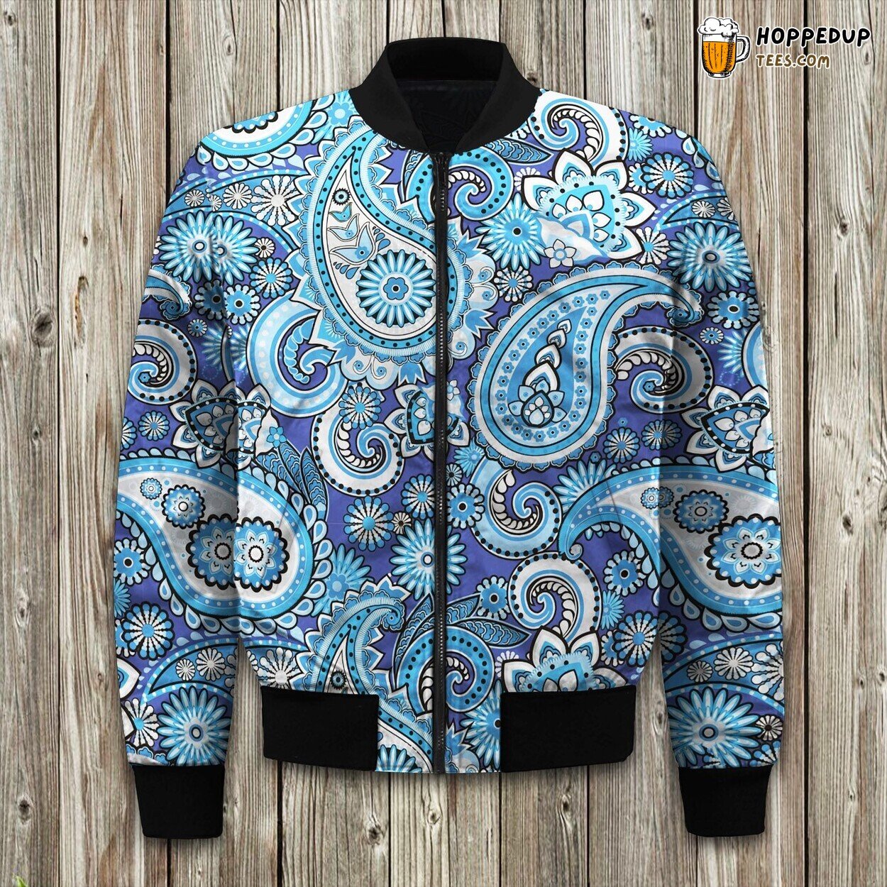Blue Mystique Paisley Winter Bomber Jacket Tailored Unique Elegance Precision