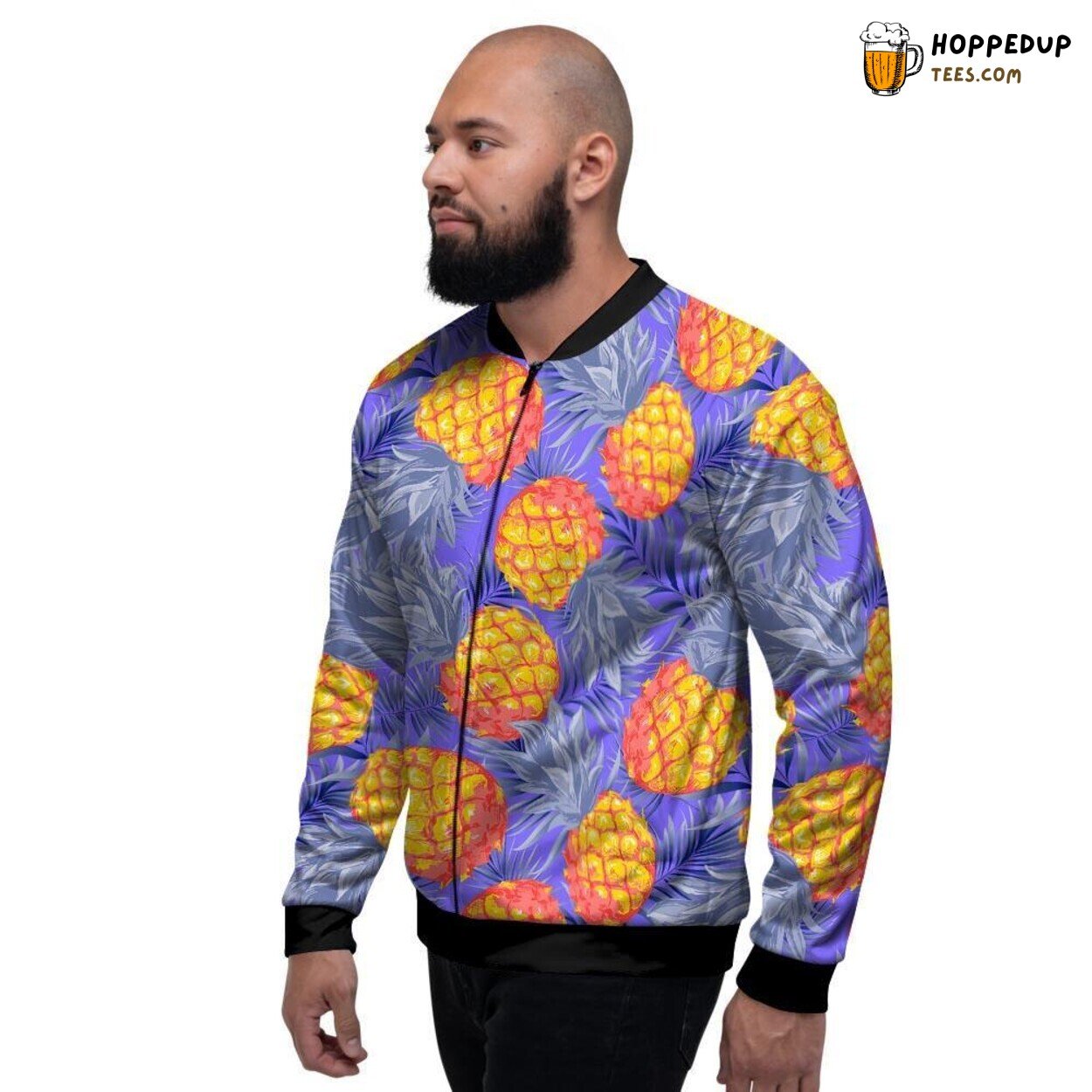 Blue Neon Pineapple Hawaiian Elegance Men’s Bomber Jacket Vibrant Tropical Display