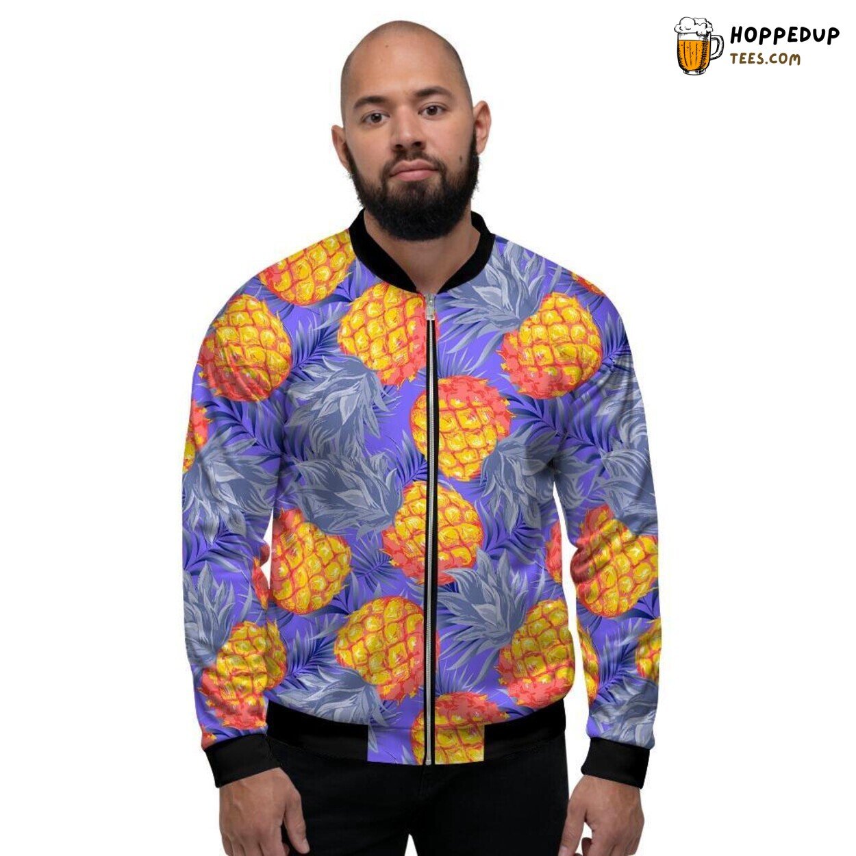 Blue Neon Pineapple Hawaiian Elegance Men’s Bomber Jacket Vibrant Tropical Display