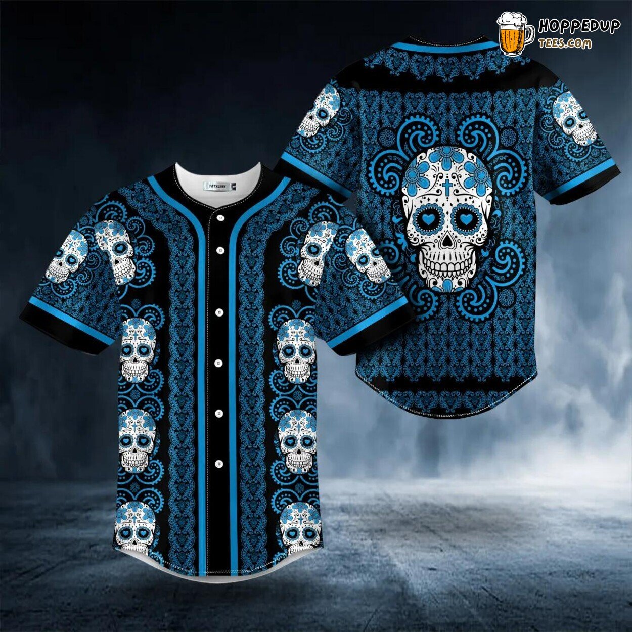 Blue Paisley Sugar Skull Pattern Unique Tailored Baseball Jersey Design