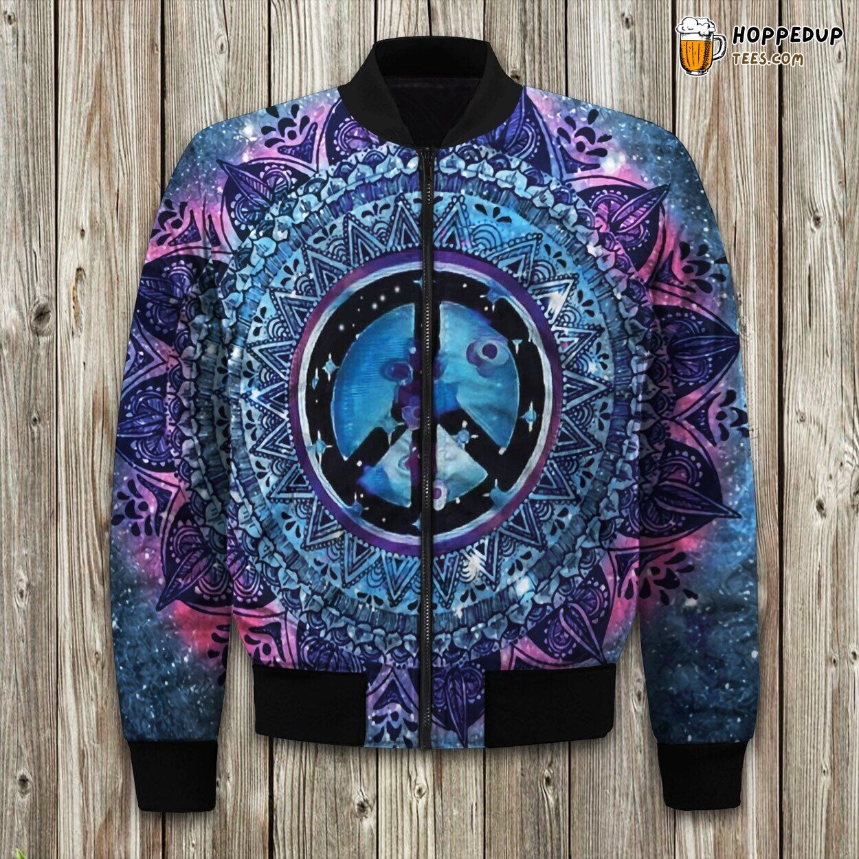 Blue Peace Sign Mandala Printed Bomber Jacket