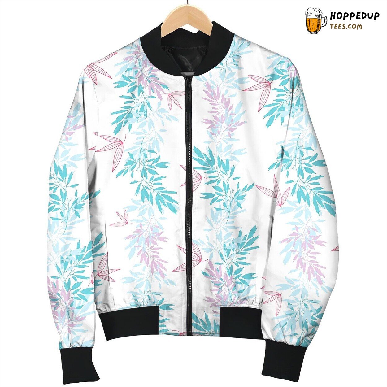 Blue Pink Tropical Leaves Summer Vertical Bomber Jacket