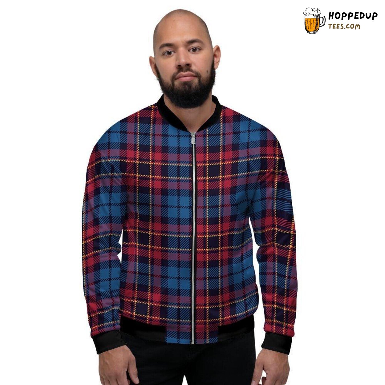 Blue Red Tartan Plaid Design Men’s Bomber Jacket Scottish Culture Inspired Look