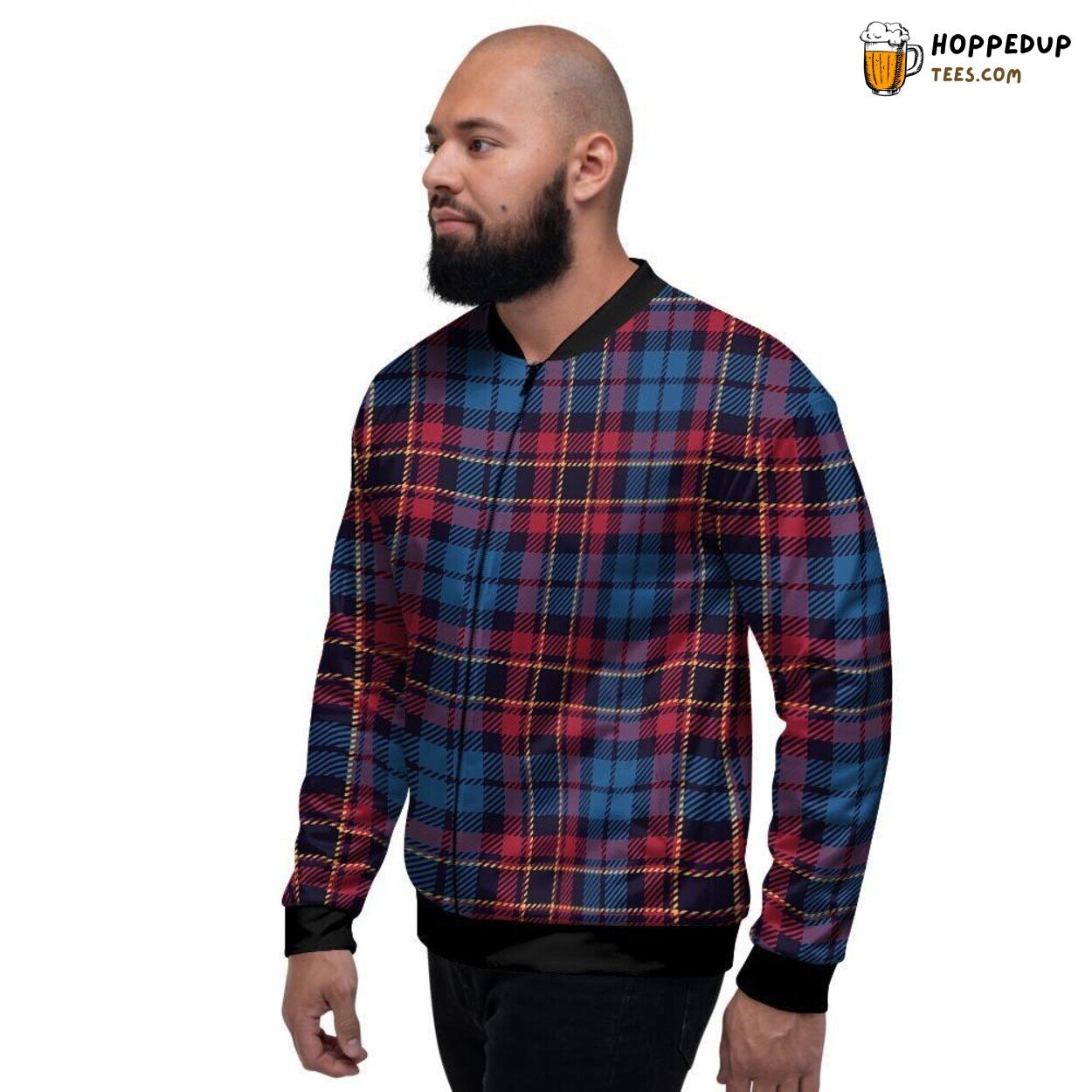 Blue Red Tartan Plaid Design Men’s Bomber Jacket Scottish Culture Inspired Look