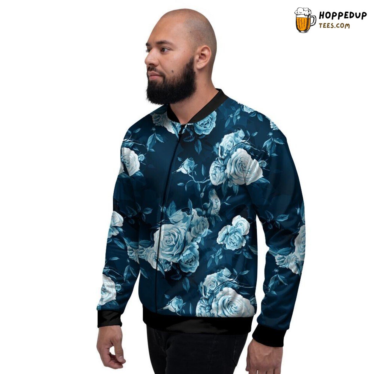 Blue Rose Floral Design Art Print Men’s Bomber Jacket Elegant Botanical Display