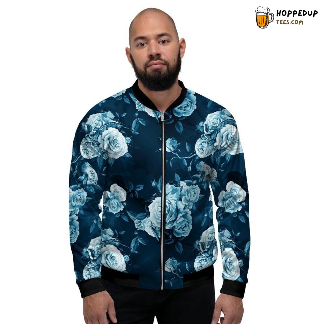 Blue Rose Floral Design Art Print Men’s Bomber Jacket Elegant Botanical Display