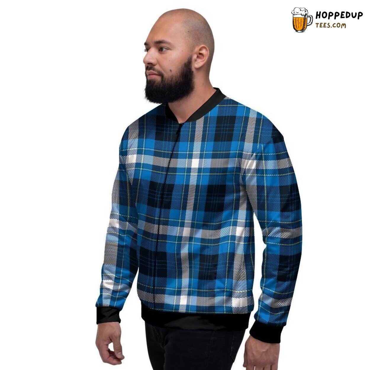 Blue Scottish Tartan Plaid Design Men’s Bomber Jacket Classic Pattern Tribute