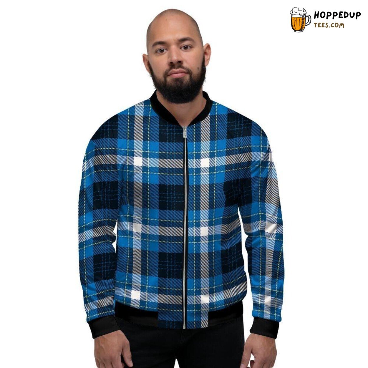 Blue Scottish Tartan Plaid Design Men’s Bomber Jacket Classic Pattern Tribute