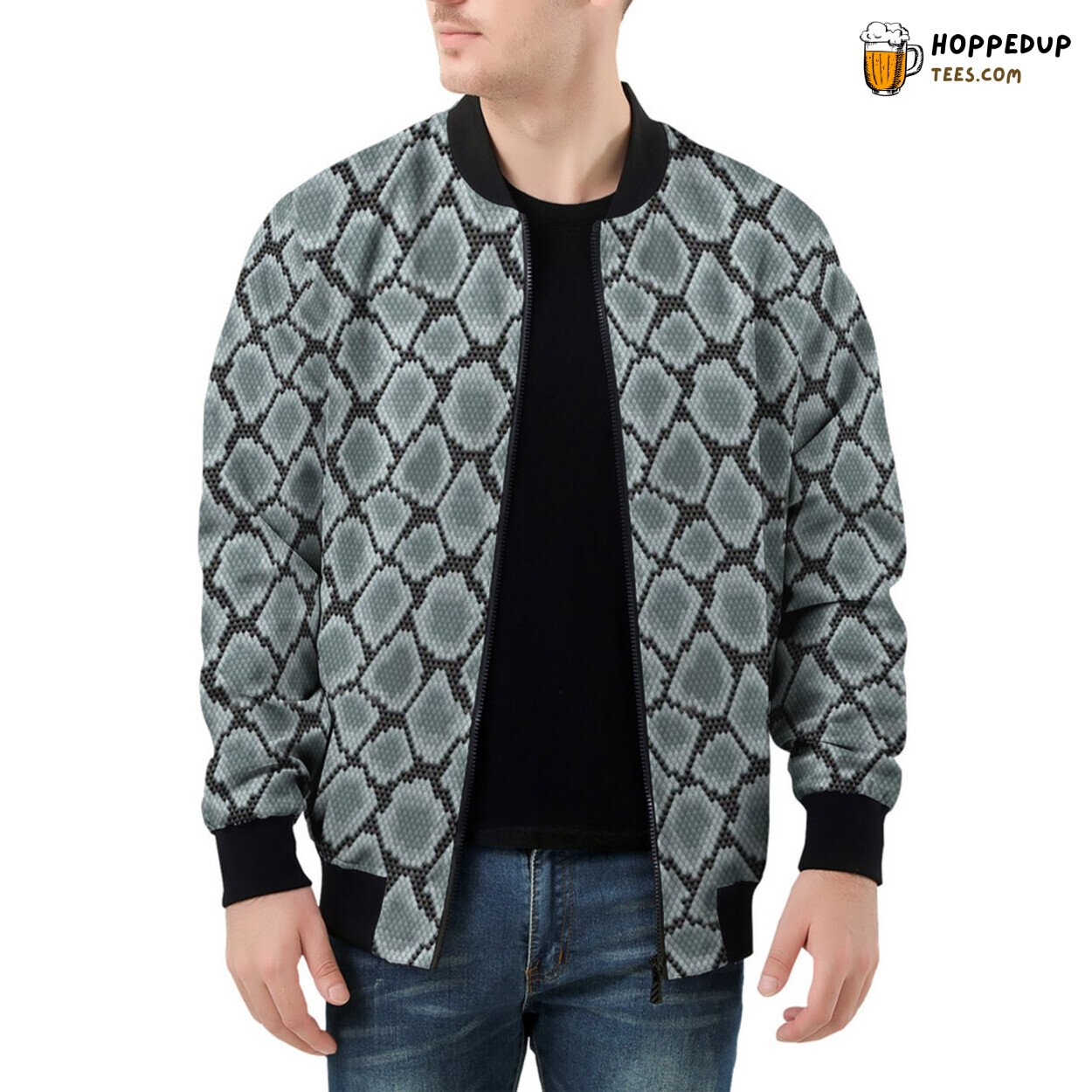 Blue Snake Ornate Patchwork Adorns Men’s Bomber Jacket Surface