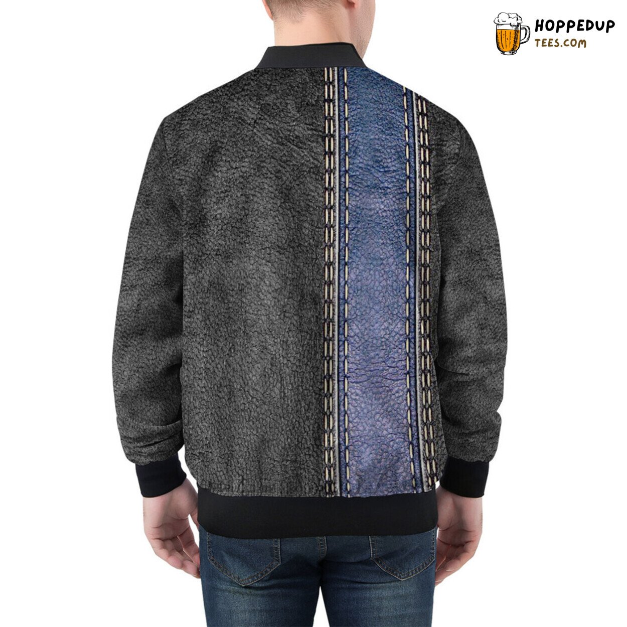 Blue Striped Leather Textures Adorn Men’s Bomber Jacket Design