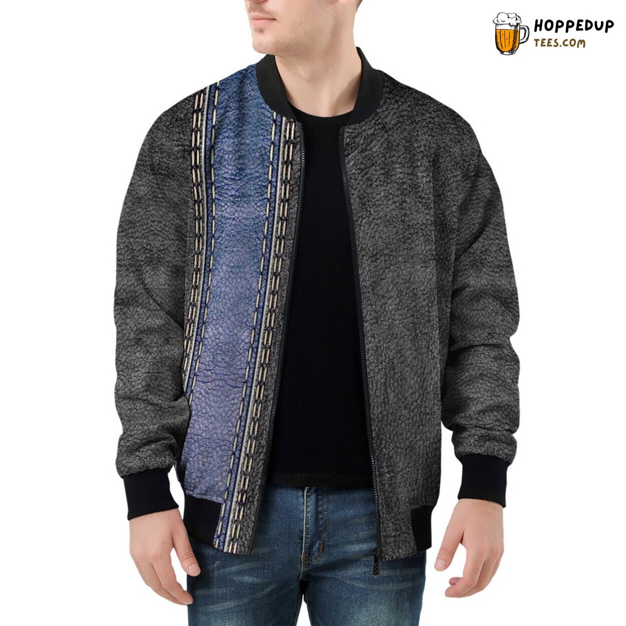 Blue Striped Leather Textures Adorn Men’s Bomber Jacket Design
