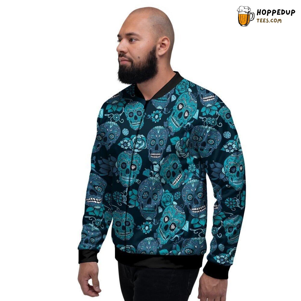 Blue Sugar Skull Artistic Elegance Men’s Bomber Jacket Day of Dead Tribute