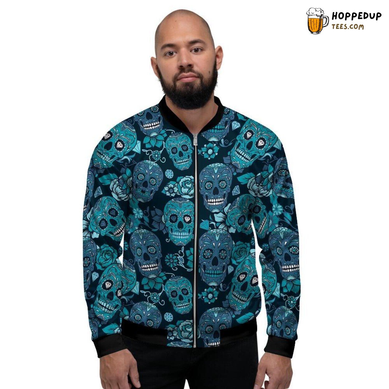 Blue Sugar Skull Artistic Elegance Men’s Bomber Jacket Day of Dead Tribute