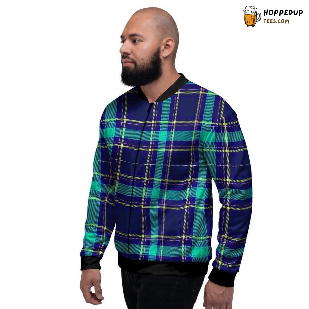 Blue Traditional Tartan Plaid Print Men’s Bomber Jacket Classic Elegance Display
