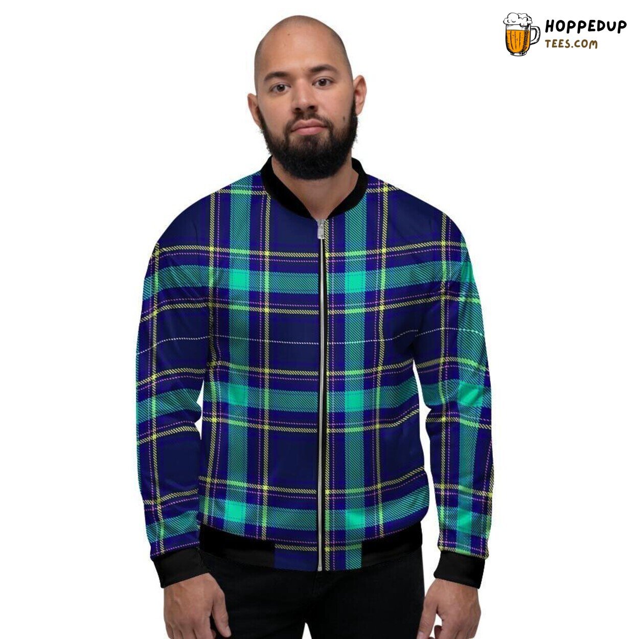Blue Traditional Tartan Plaid Print Men’s Bomber Jacket Classic Elegance Display
