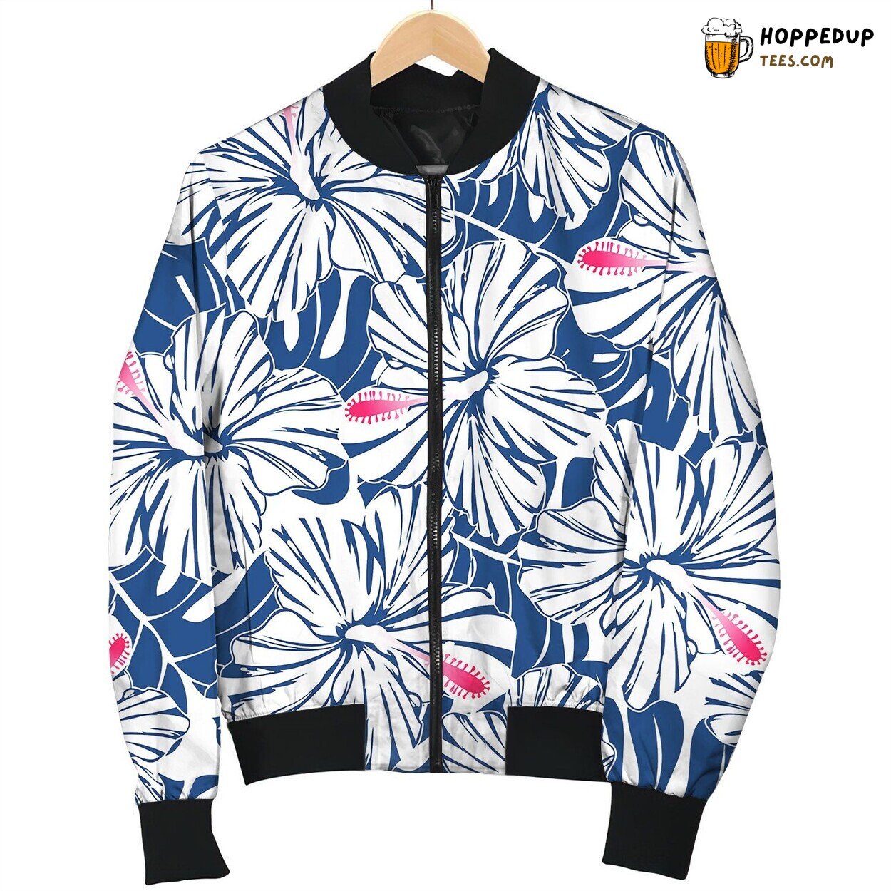 Blue Tropical Hibiscus And Palm Seamless Pattern Bomber Jacket