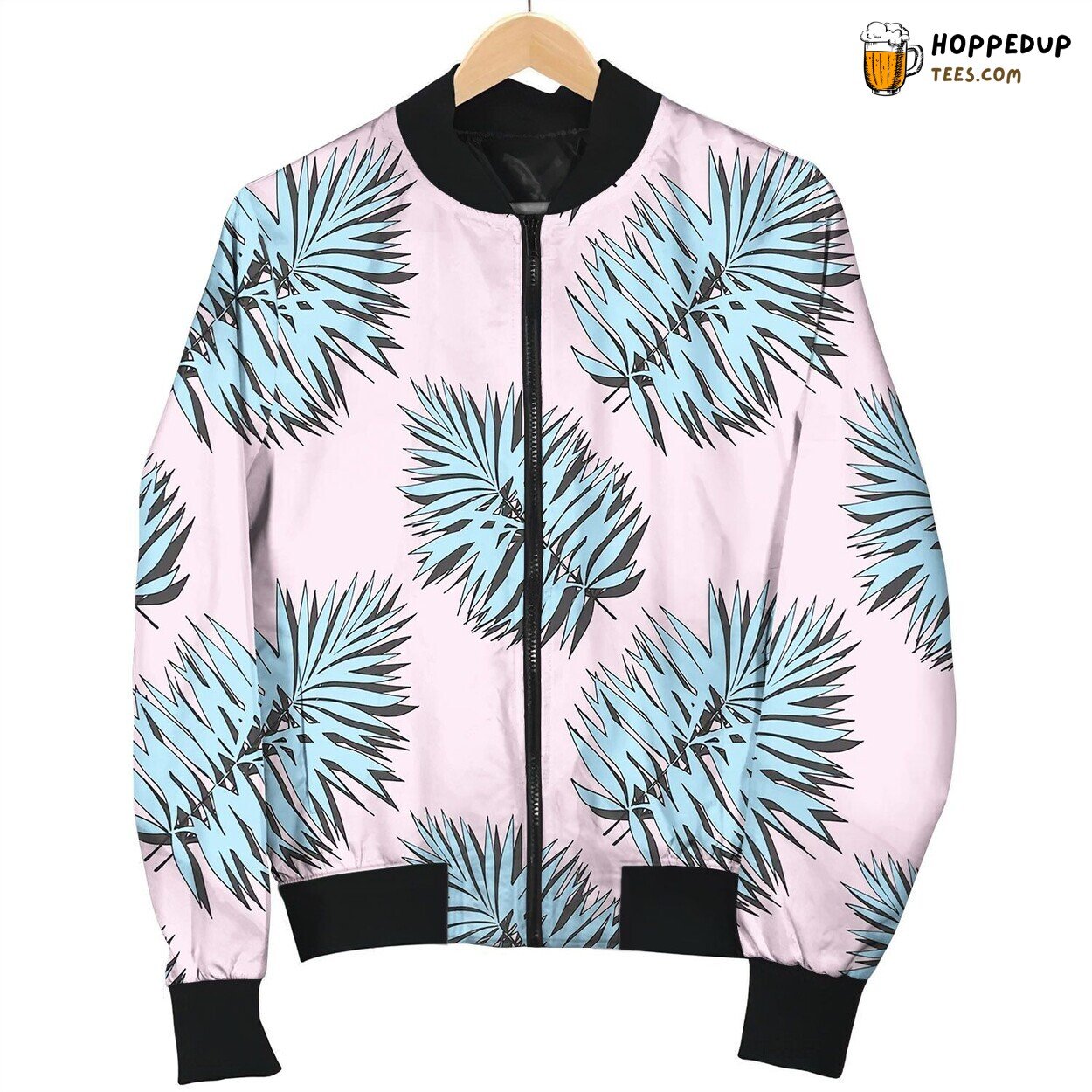 Blue Tropical Leaves On A Pink Background Bomber Jacket