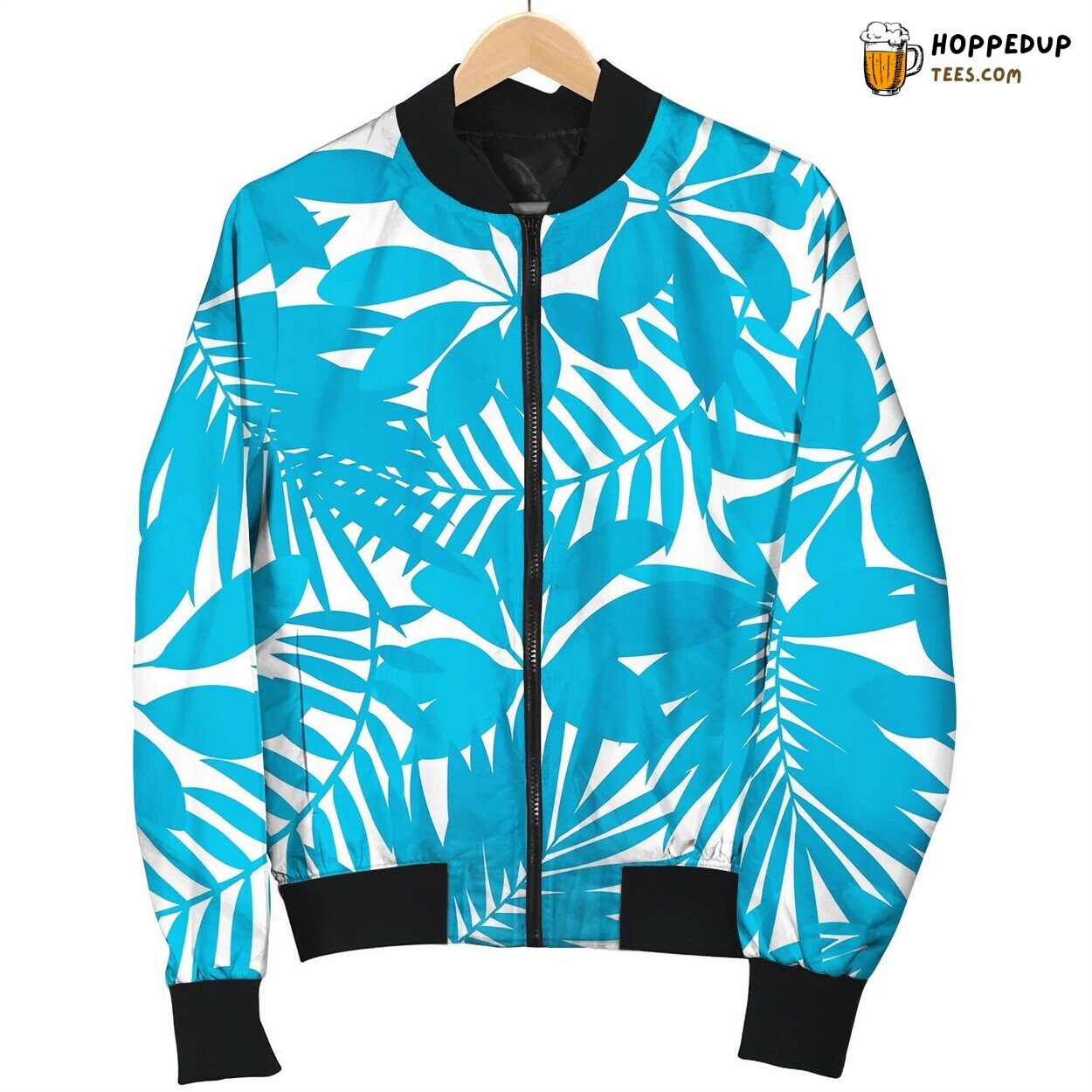Blue Tropical Leaves Seamless Pattern Bomber Jacket