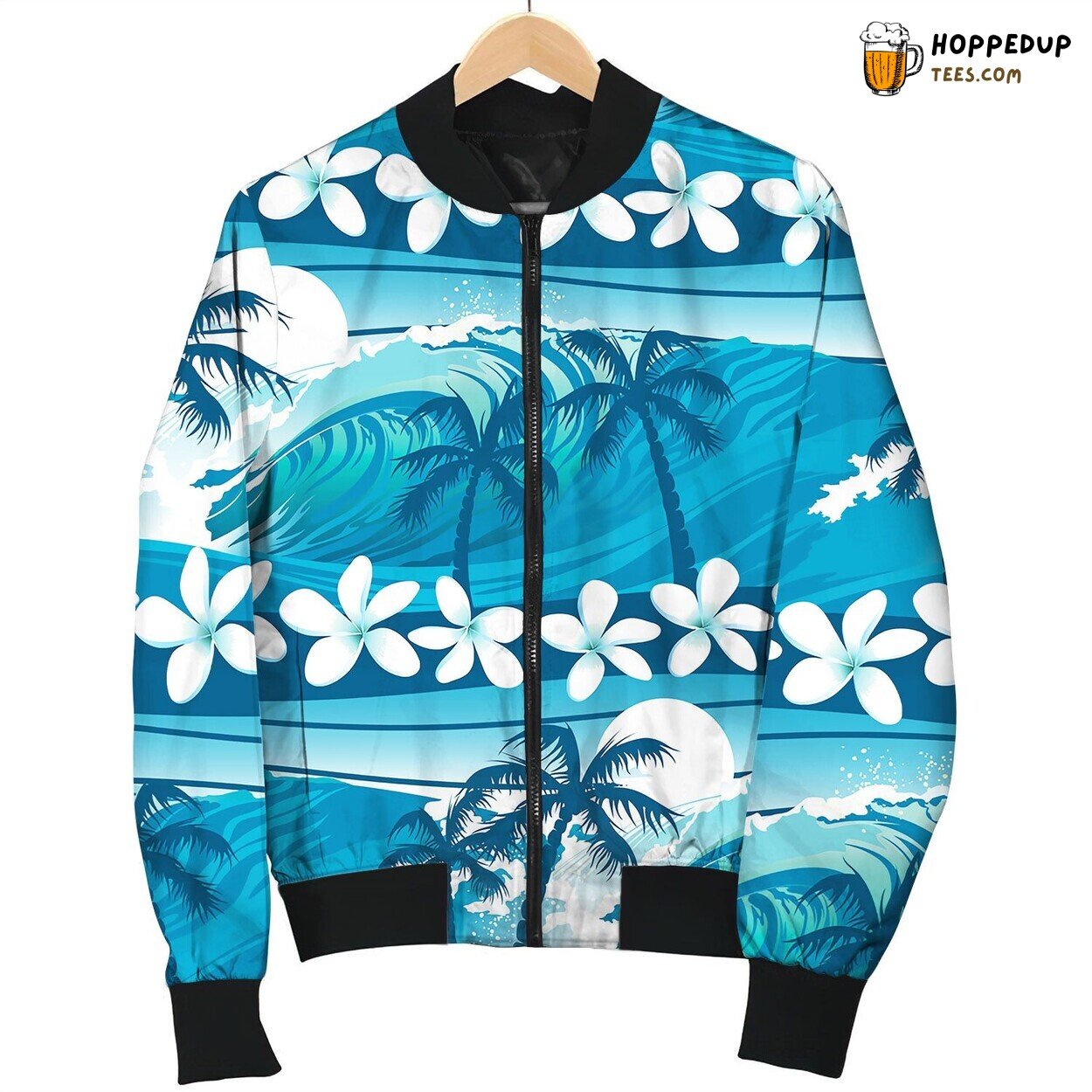 Blue Tropical Surfing With Palm Trees Seamless Bomber Jacket