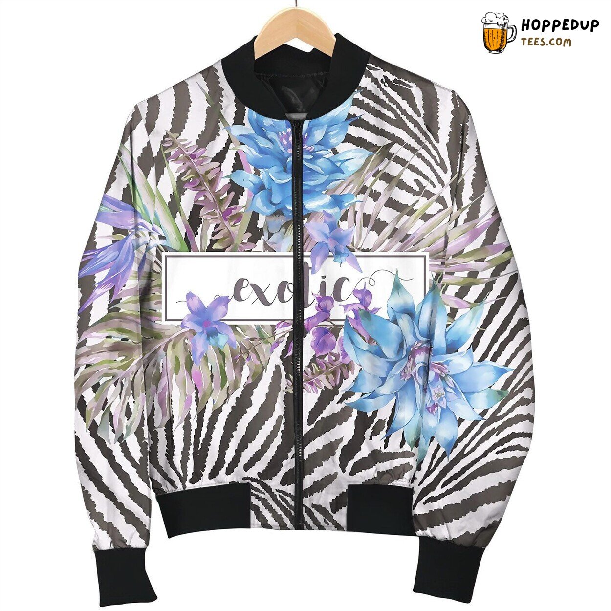 Blue Vintage Floral Tropical Greeting Card Bomber Jacket