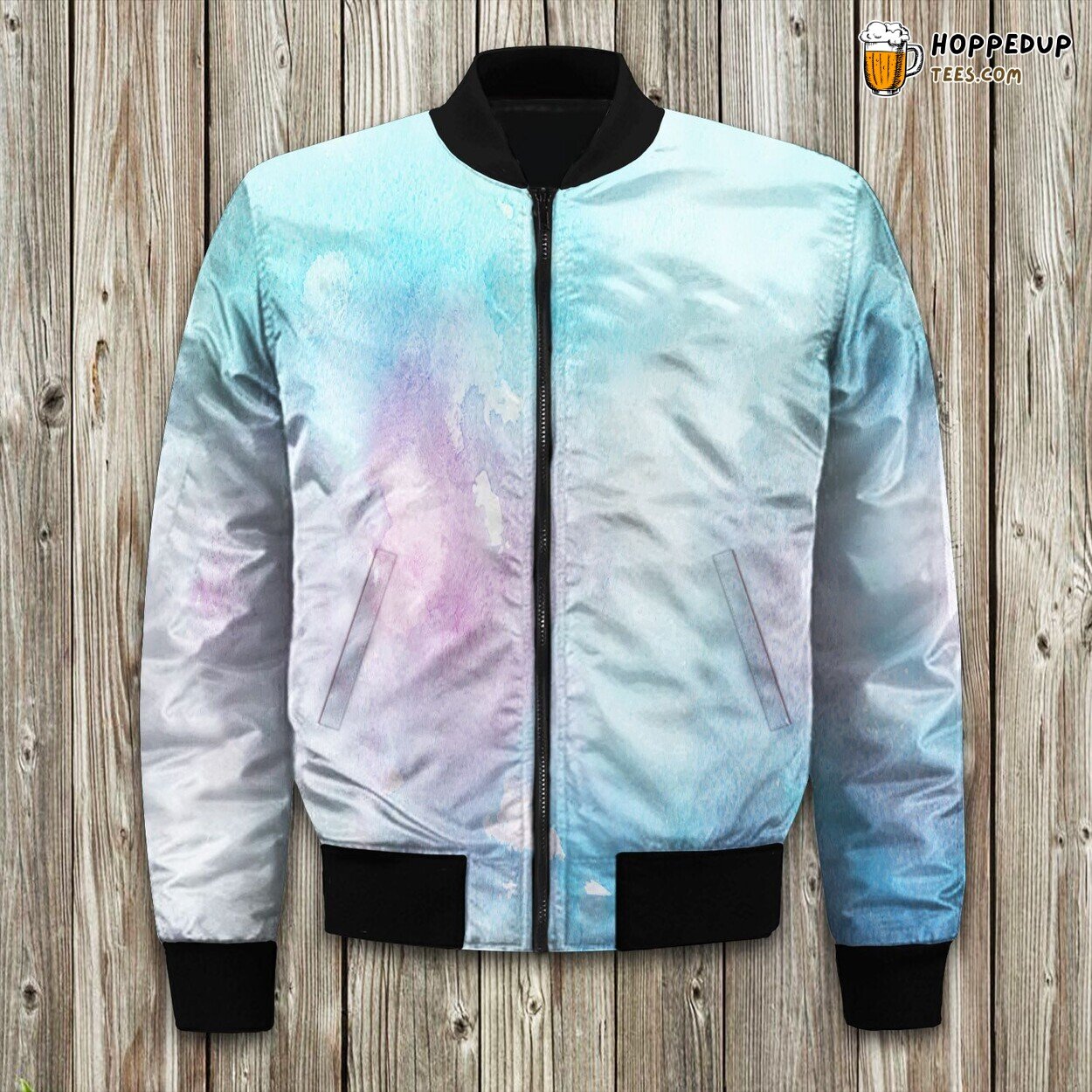 Blue Watercolor Art Bomber Jacket Winter Elegance in Aesthetic Paint