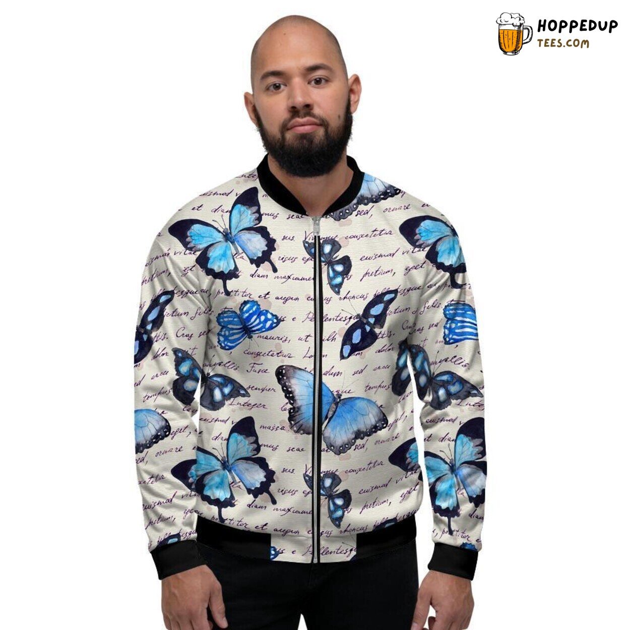 Blue Watercolor Butterfly Artistic Print Men’s Bomber Jacket Nature’s Beauty Art