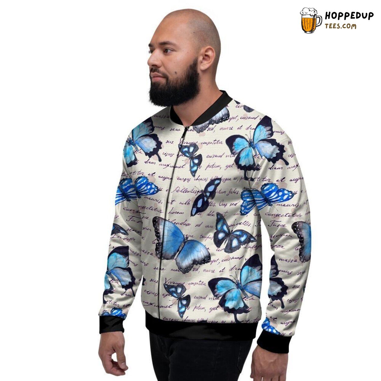 Blue Watercolor Butterfly Artistic Print Men’s Bomber Jacket Nature’s Beauty Art