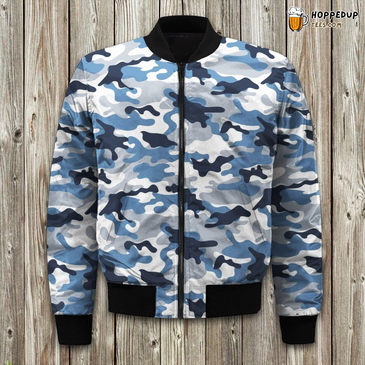 Blue White Camouflage Pattern Bomber Jacket