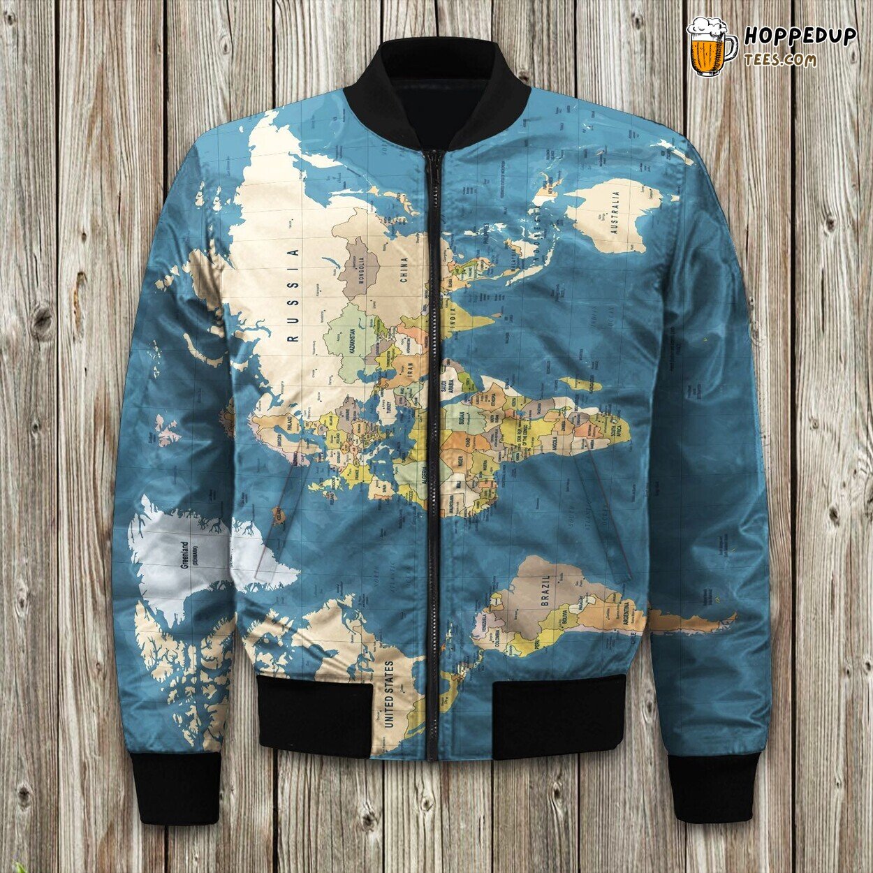 Blue World Map Global Adventure Winter Bomber Jacket Exploration