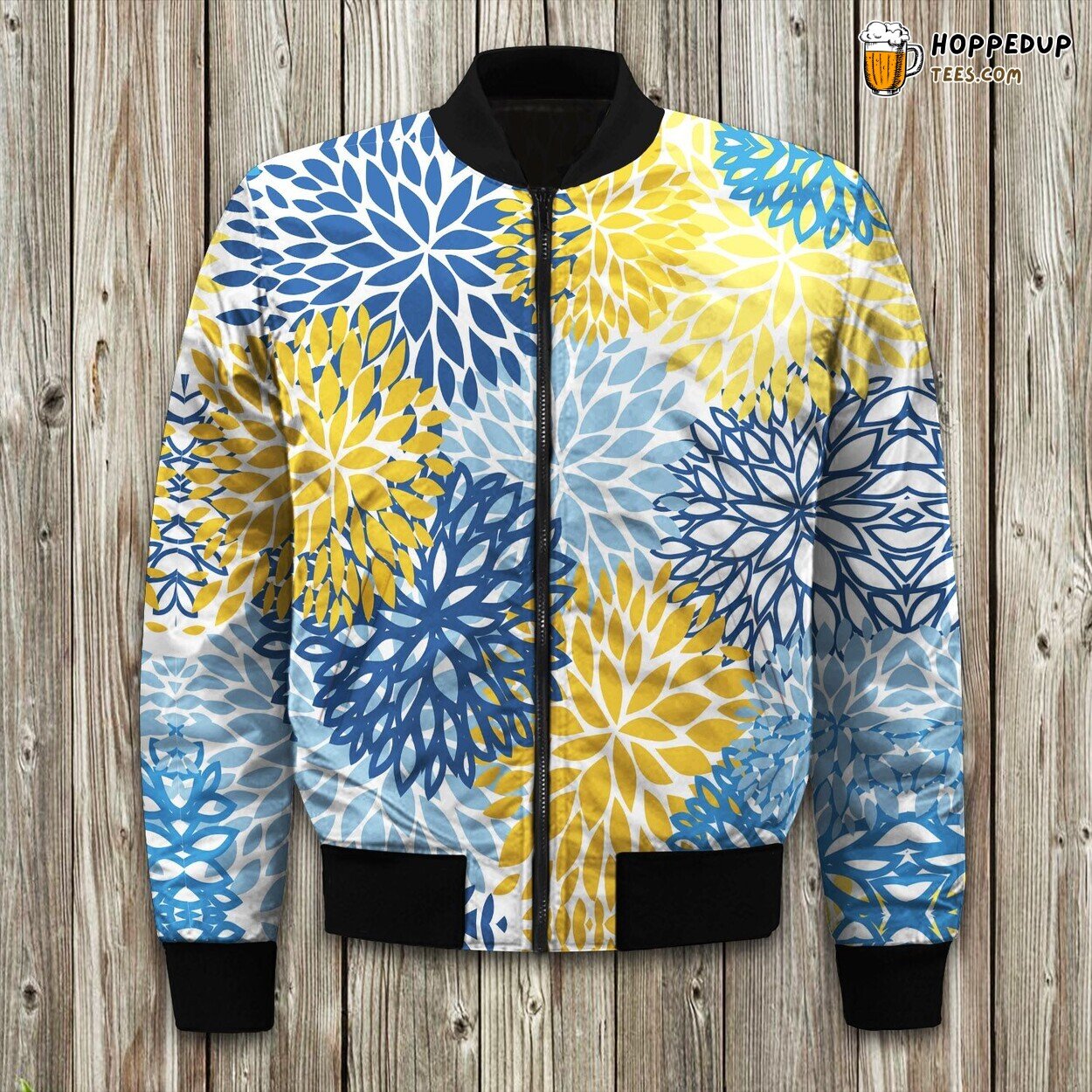 Blue Yellow And Navy Chrysanthemum Bomber Jacket