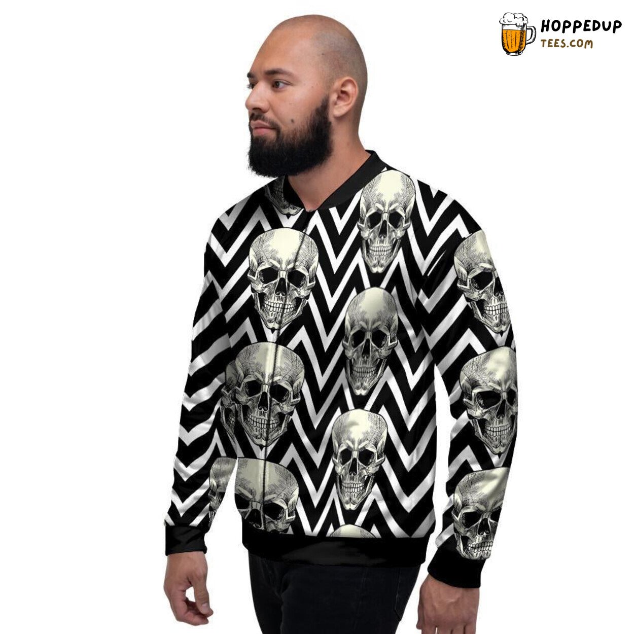 Bold Geometric Skull Design Men’s Bomber Jacket Edgy Modern Art Display