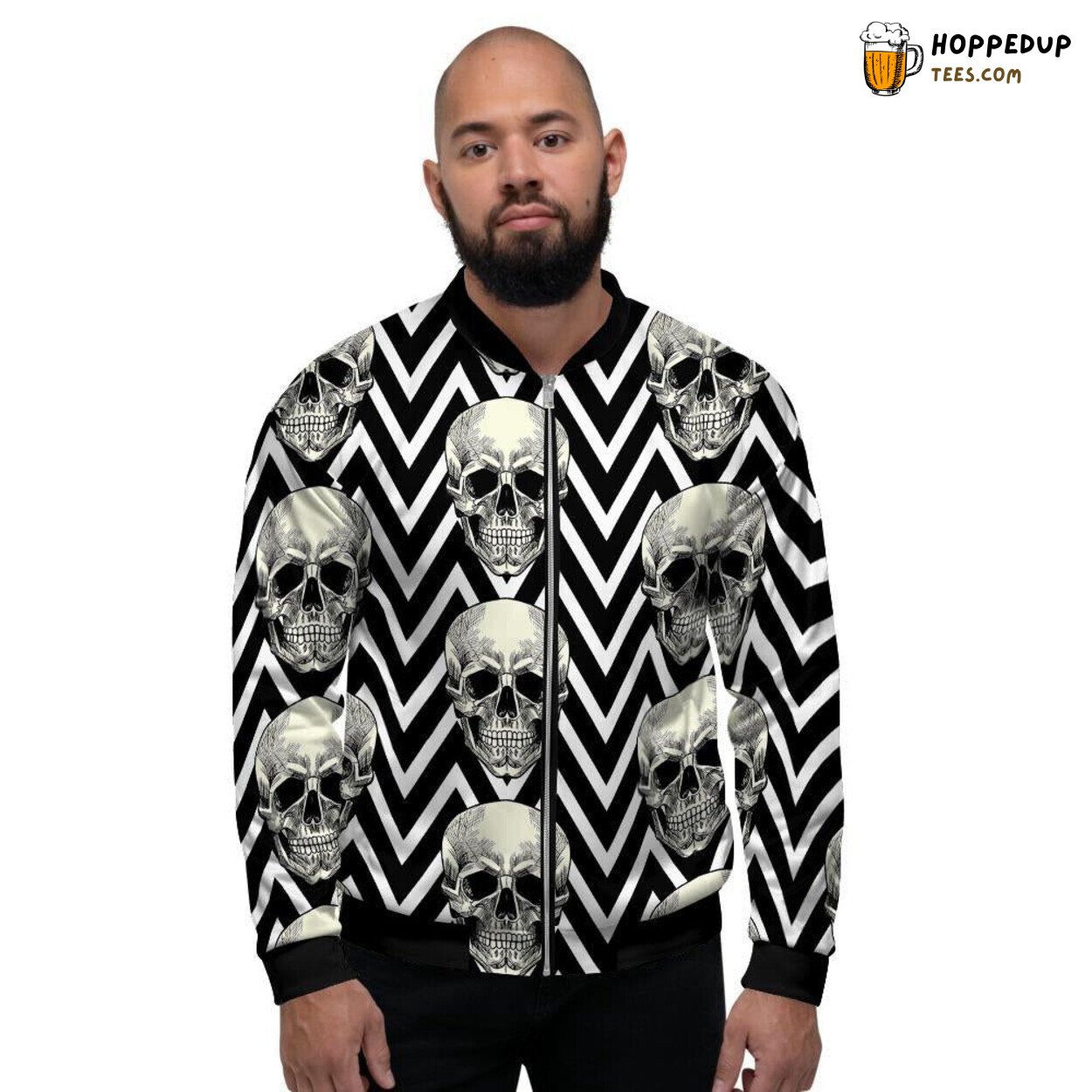 Bold Geometric Skull Design Men’s Bomber Jacket Edgy Modern Art Display