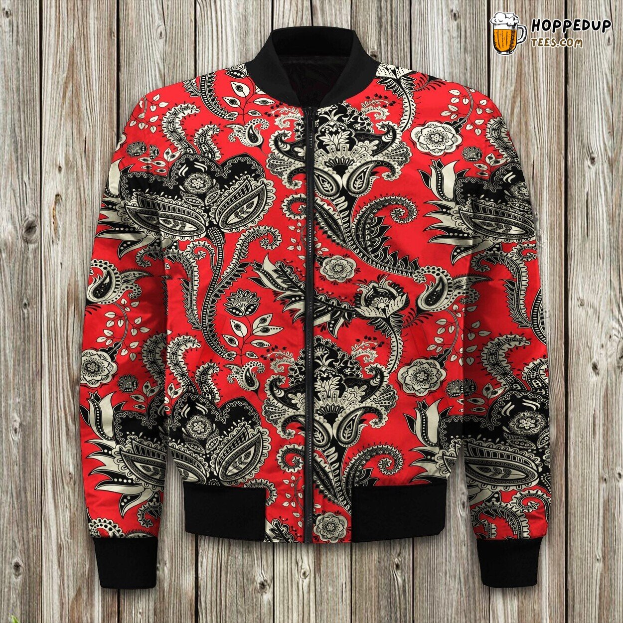 Bold Red Paisley Design Winter Bomber Jacket Traditional Fashion Elegance