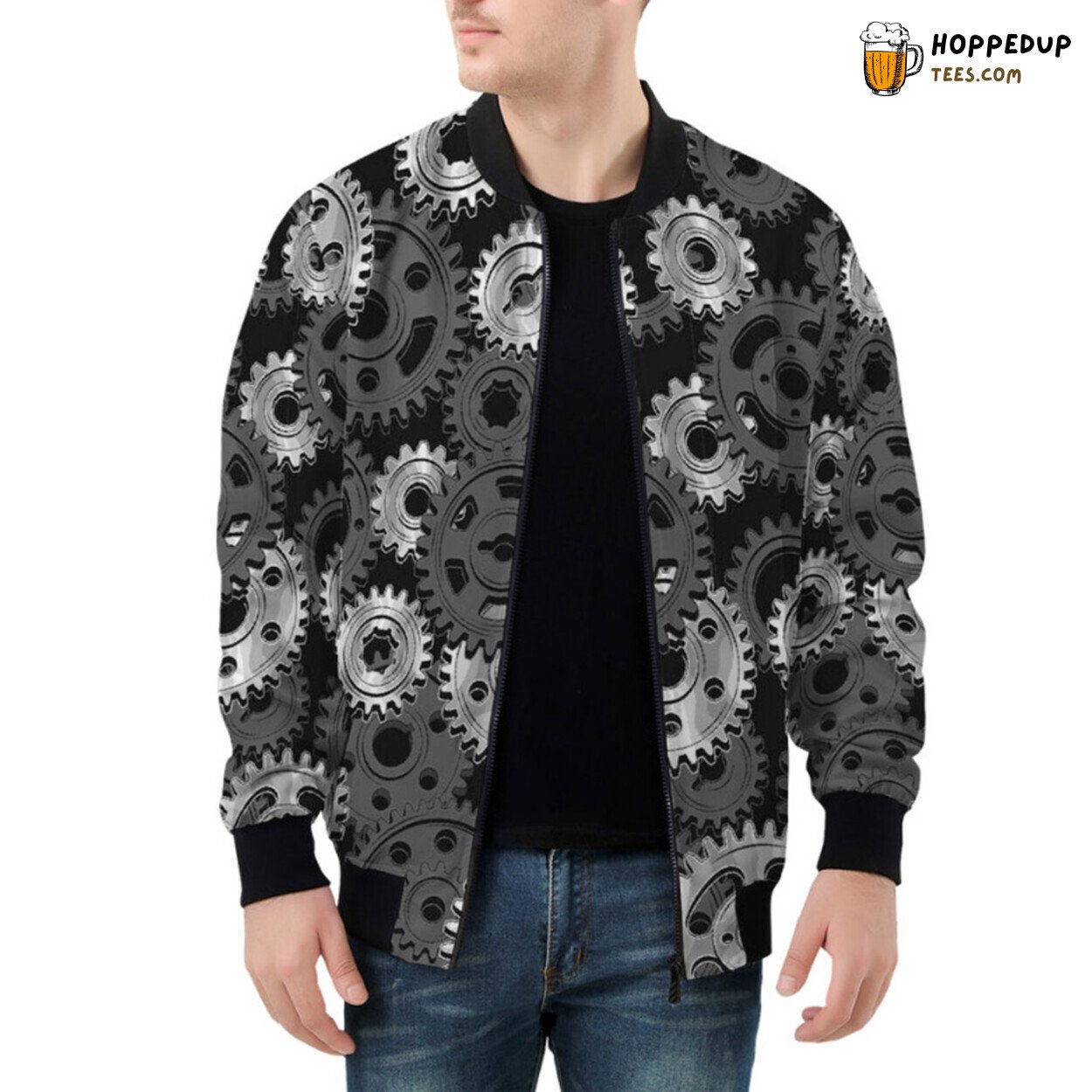 Bomber Jacket Designed with Steampunk Inspired Mechanical Gears