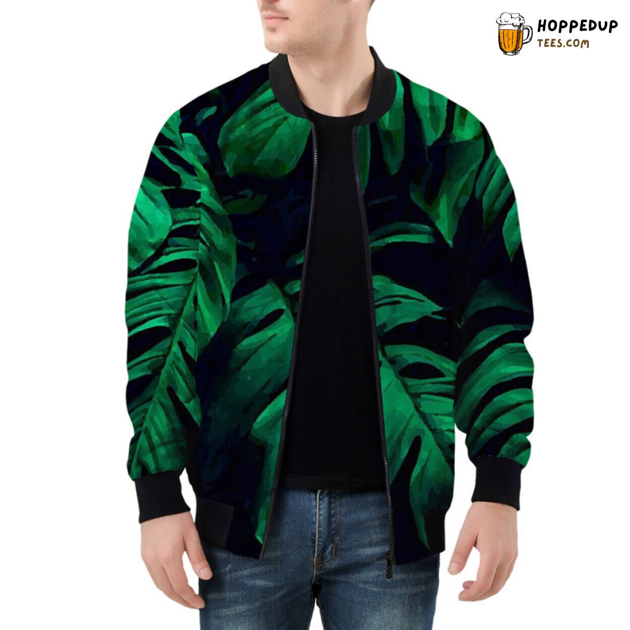 Bomber Jacket Enhanced by Vivid Green Tropical Leaf Designs