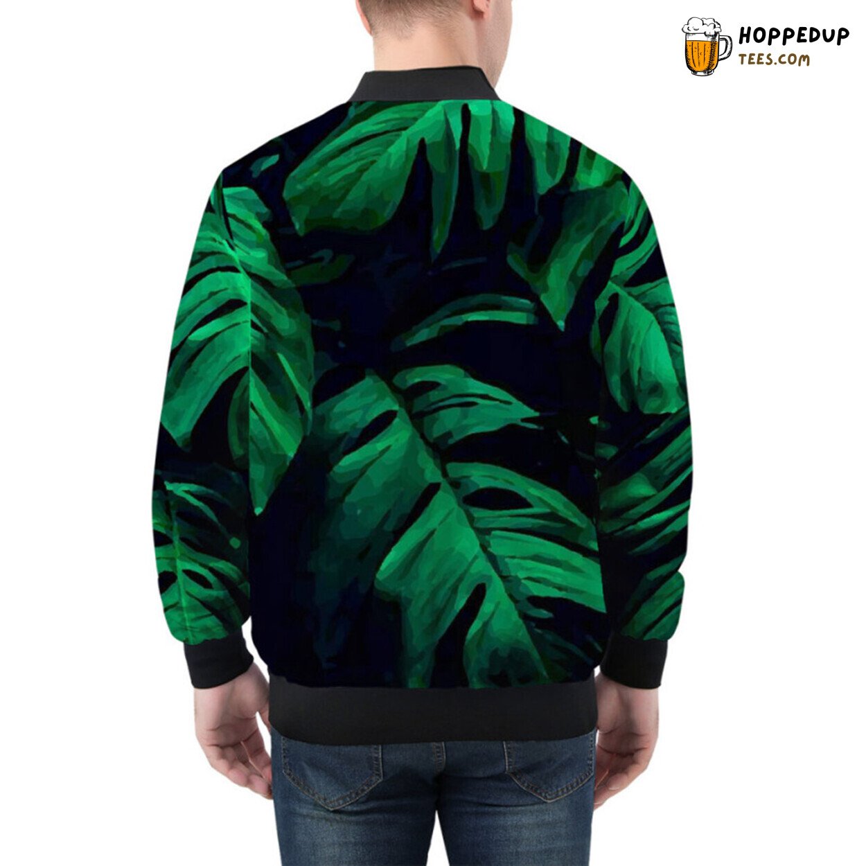 Bomber Jacket Enhanced by Vivid Green Tropical Leaf Designs