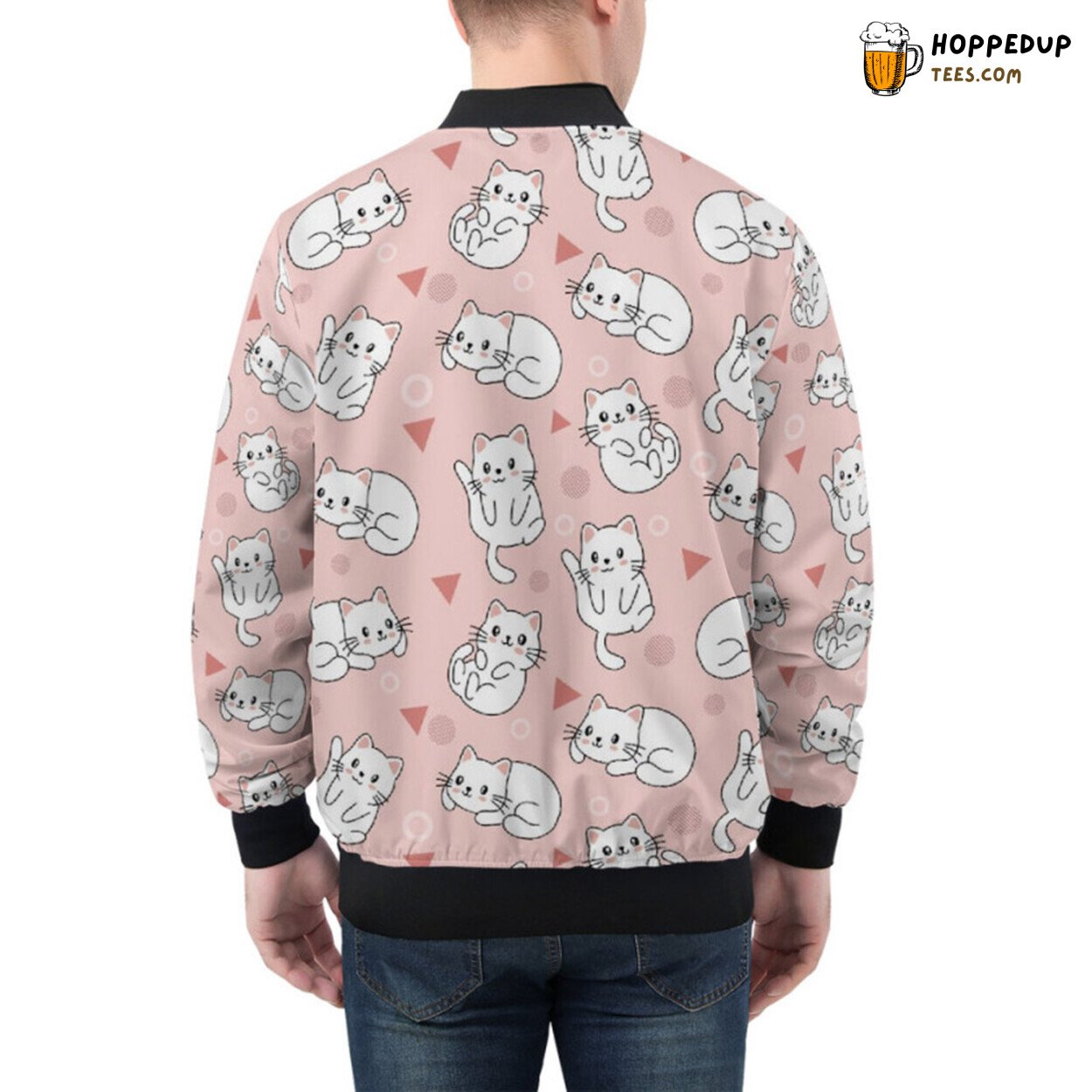 Bomber Jacket in Light Pink Adorned with Cute Cat Illustrations