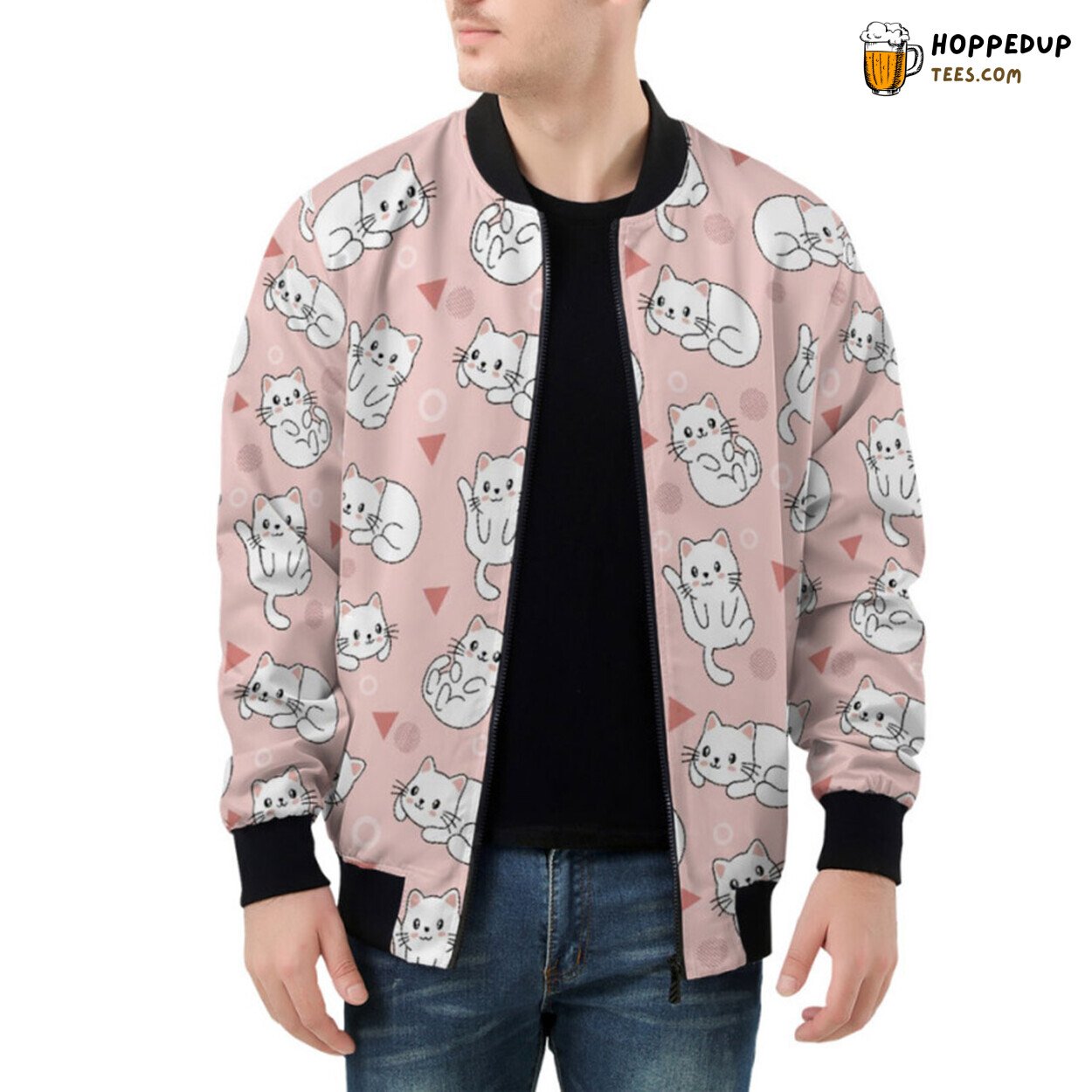 Bomber Jacket in Light Pink Adorned with Cute Cat Illustrations