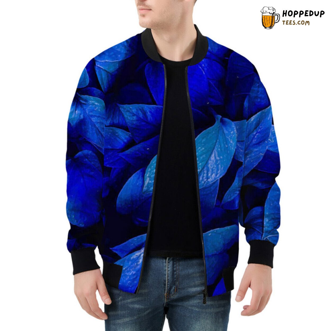 Bomber Jacket Showcasing Bright Vivid Tropical Leaf Patterns