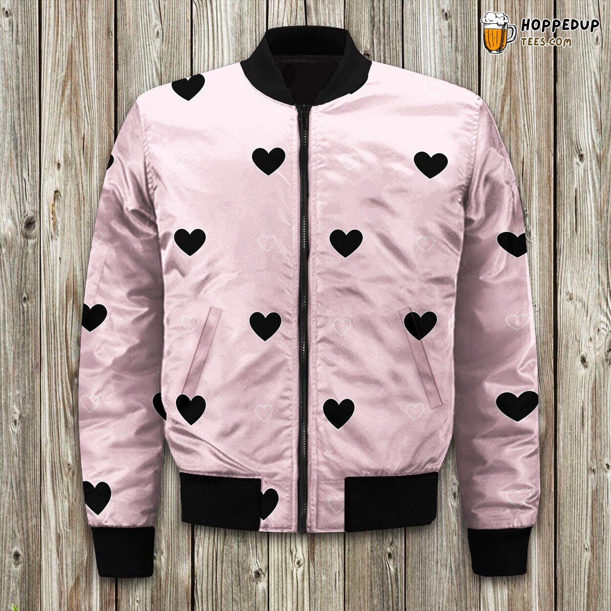 Bomber Jacket Winter Black Heart Pink Background Tailored Design Fit