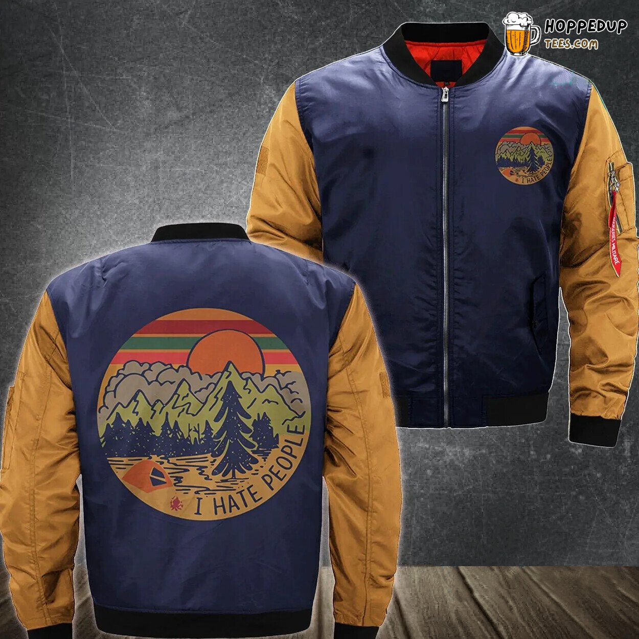 Bomber Jacket with 3D Print of I Hate People Camping Design All Over